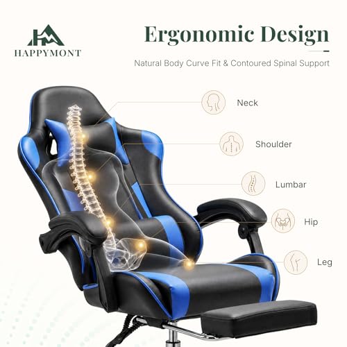 Image of High Back Ergonomic Gaming Chair for Adults, PU Leather Computer Desk Seat with Adjustable Headrest and Footrest, Linkage Armrests, 360 Swivel, Height Adjustable, Blue