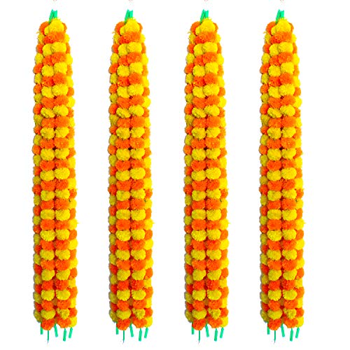 Image of iHandikart Handmade, Pack of 20, Yellow & Orange Marigold Garland Extra Long 60 x 2.5 Inch Flower Hanging for Makar Sankranti, Lohri, Mandir, Wedding, Door & Festive Home Decoration (RK-31066)