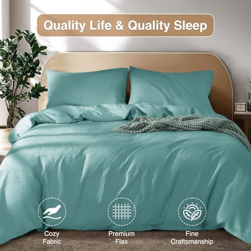 SONORO KATE 100% French Linen Duvet Cover Queen Size, Soft Breathable for Hot Sleepers, Moisture Wicking & Durable Cover Set - Zipper Closure & 4 Corner Ties Duvet Covers 3 Piece (Aqua,Queen)