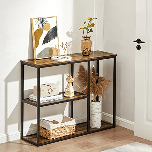 Image of WOHOMO Console Table, Modern Sofa Table with 3-Tier Storage Shelves, 12'' Narrow Industrial Entryway Table for Living Room, Corridor, Hallway, 31.5 inch x12''x31.5'' Rustic Walnut