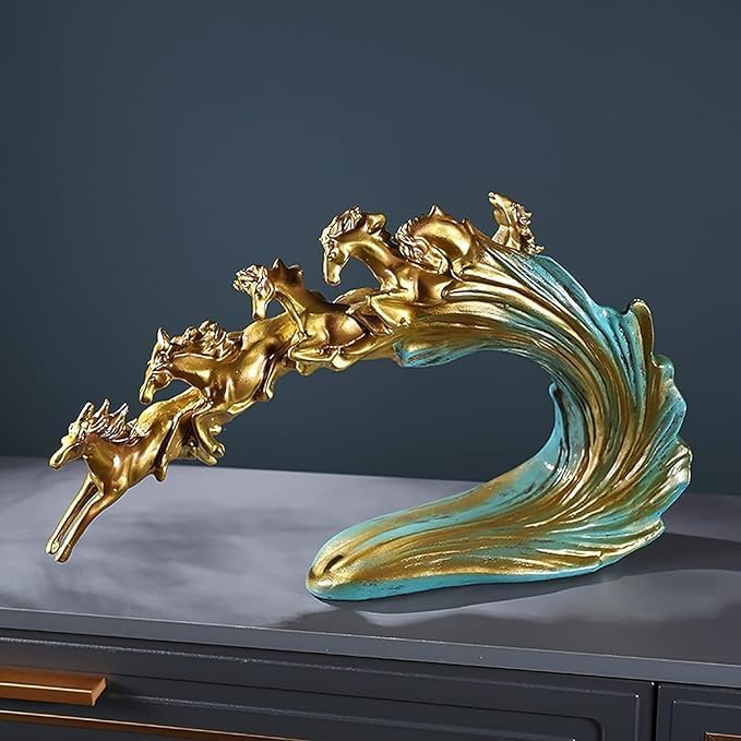 Brikipth Luxury Horse Statues, Handmade Art Resin Horse Sculpture, Creative Six Galloping Horse Sculpture Desktop Horse Figurine, Running Horse Gold Color Statue for Home Office Decor