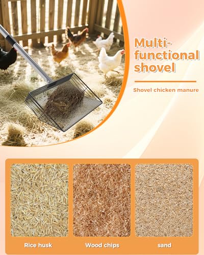 Image of 15-inch Large Chicken Poop Scooper, Heavy Duty Adjustable Chicken Coop Scoop for Sand with Ergonomic Grip,Metal Chicken Coop Scoop with 24 to 68 inch