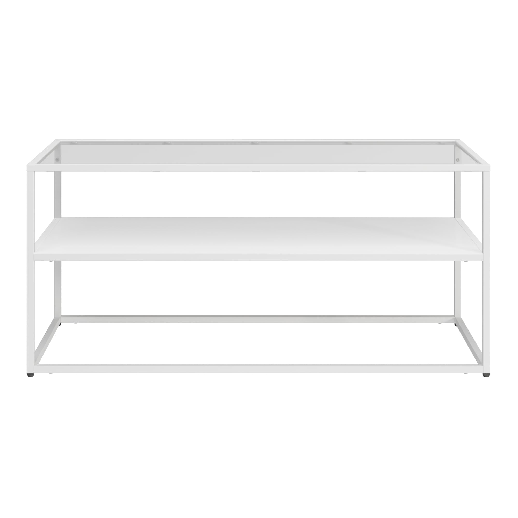 [en.casa] Mesa de Centro Solund Rectangular con 1 Estante Diseño Industrial Mesa Baja para Salón Sala de Espera Tablero de Cristal Templado Acero 102 x 43 x 46 cm - Blanco Mate