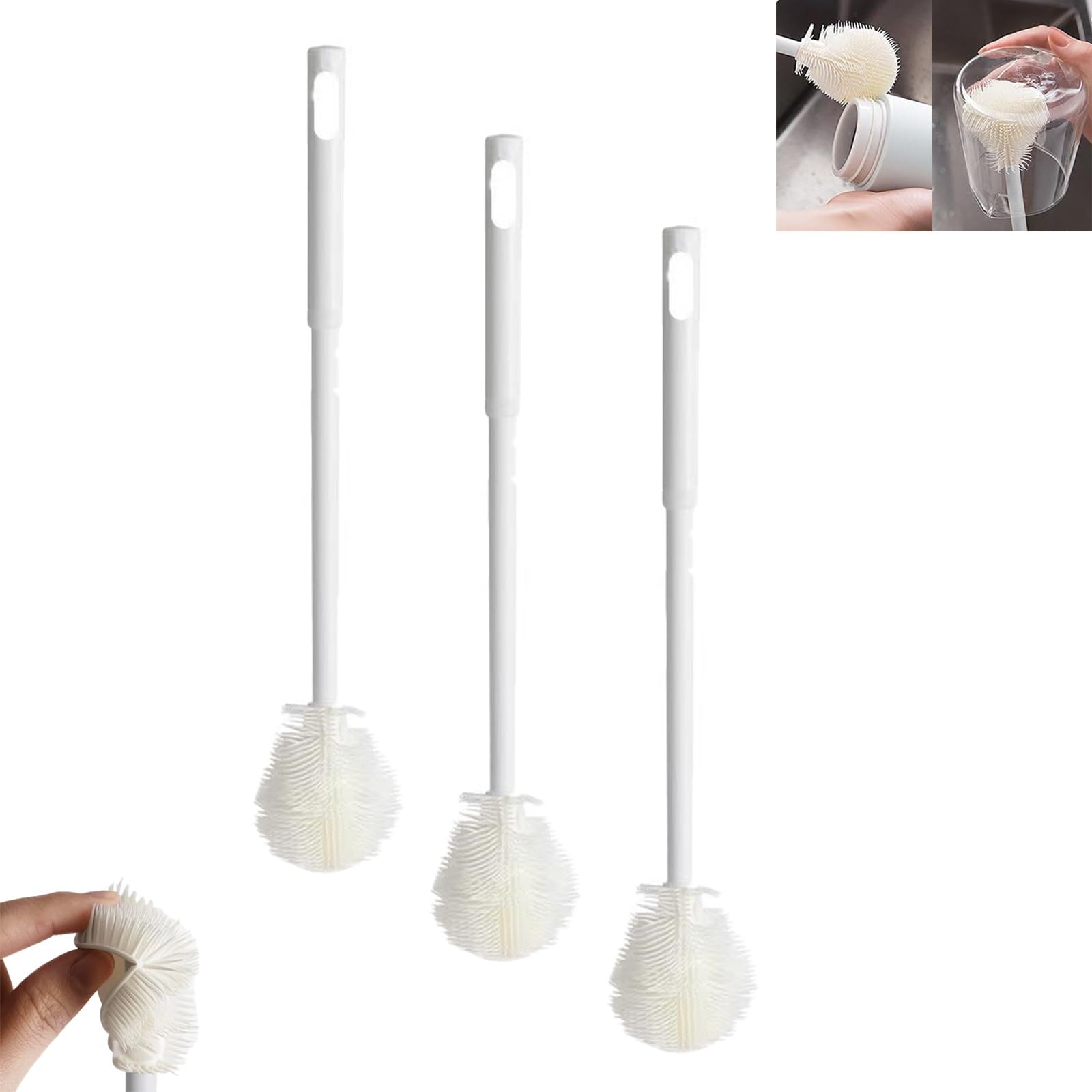 Homaskylynn 3Pcs Long Handle Cup Brush, Silicone Bottle Brush, Silicone Bottle Cleaning Brush With Long Handle, Water Bottle Cleaner Brush For Cleaning Baby Bottles, Cups, Thermoses And Drink Bottles(3Pcs)