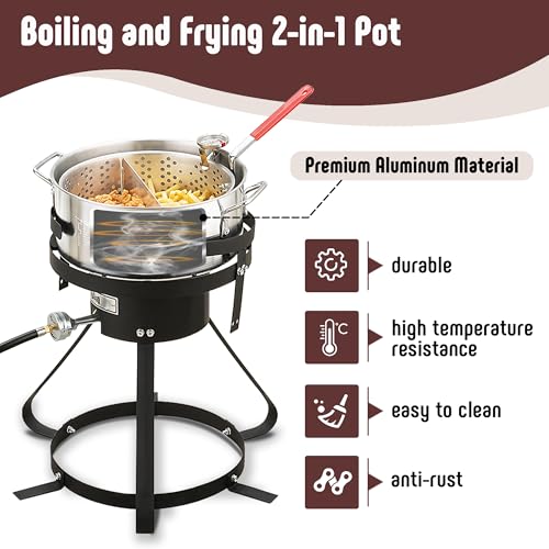 Image of Feasto 10 Qt Outdoor Propane Gas Fish Fryer Pot Kit with Strainer Basket | Aluminum, 50,000 BTU Burner, Adjustable 0-5 PSI Regulator, Perfect for Boiling and Frying