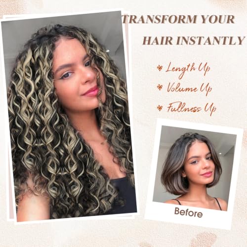 PHADRIA Curly Clip in Hair Extensions,4PCS Hair Extensions long Soft Natural Hairpiece Lace Weft Curly Wave Clip Ins Extensions Invisible for Women 16 Inch Black mix Blonde — view 3