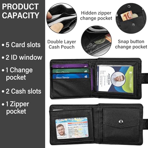 Wallet for Men, PU Leather Wallet Minimalist Bifold Wallet with Coin Pocket ID Window 5 Card Slot 2 Cash Slot (Black)3