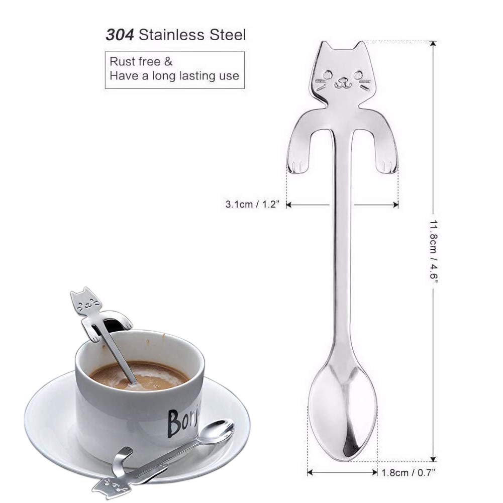6 Cucchiaini Da Caffè In Acciaio Inox 304 A Forma Di Gatto | Per Dessert E Bevande - Foto 6