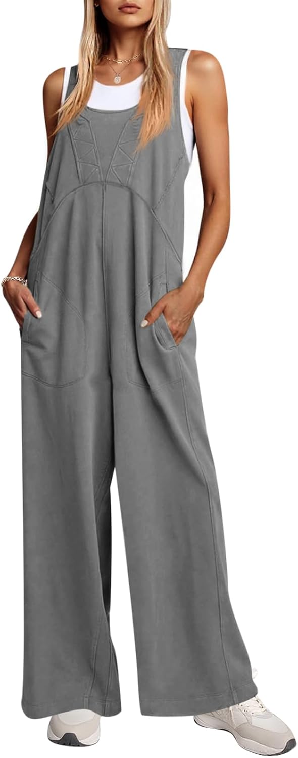 Cicy Bell Women's Casual Loose Overalls Jumpsuits One Piece Sleeveless Tank Tops Wide Leg Long Pant Rompers With Pockets