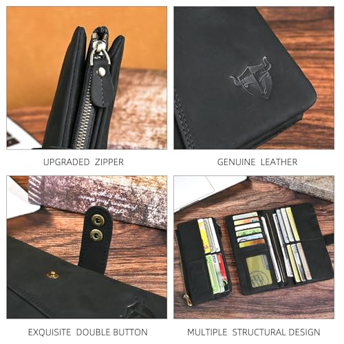 Image of Genuine Crazy Horse Leather Travel Gift Coin Pocket Card Case Long Organizer Chain Rfid Wallet Purse With Snap For Men Male 1803 1815 (1803 The Black2)