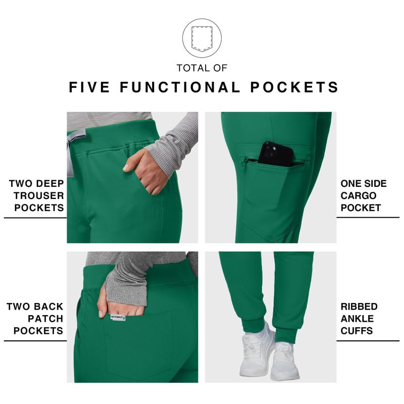 Image of Kitmaz Scrub Pants for Women - Mid Rise 4-Way Stretch Anti-Wrinkle Slim Fit Jogger Pants, Drawstring & 5 Pockets