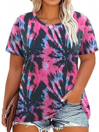 Image of VISLILY Plus-Size-Tops for Women Casual Short Sleeve T Shirts Trendy Tie Dye Crewneck Tees Comfy Loose Fit Tunics XL-5XL