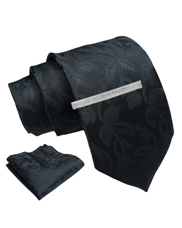 axlon Black Floral Self Tie For Men – Formal Ties Set With Pocket Square & Tie Pin Clip For Mens, Silk Neckties Gift Sets For Men’s (AXNW4)-picture-52