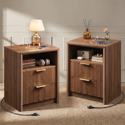 Image of LYNCOHOME 19.7 inch Fluted Nightstands Set of 2 with Charging Station, 2 Drawer Bedside Table, Modern Night Stand with Curved Edge, Wooden End Table for Bedroom, Rounded Night Stand with Storage, Walnut