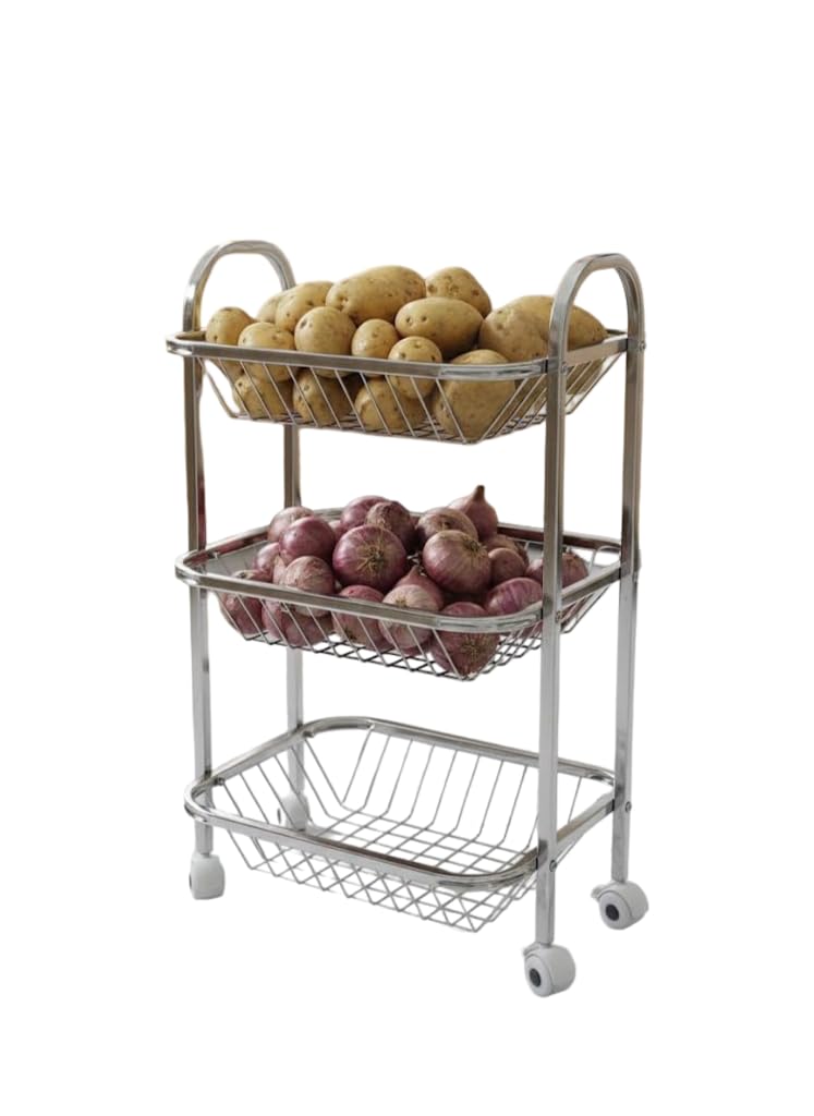 Stainless Steel 3-Tier Kitchen Vegetable Trolley with Wheels – Heavy-Duty Rust-Proof Vegetable Stand, Onion & Potato Storage Basket, Space-Saving Kitchen Rack for Home-image-32