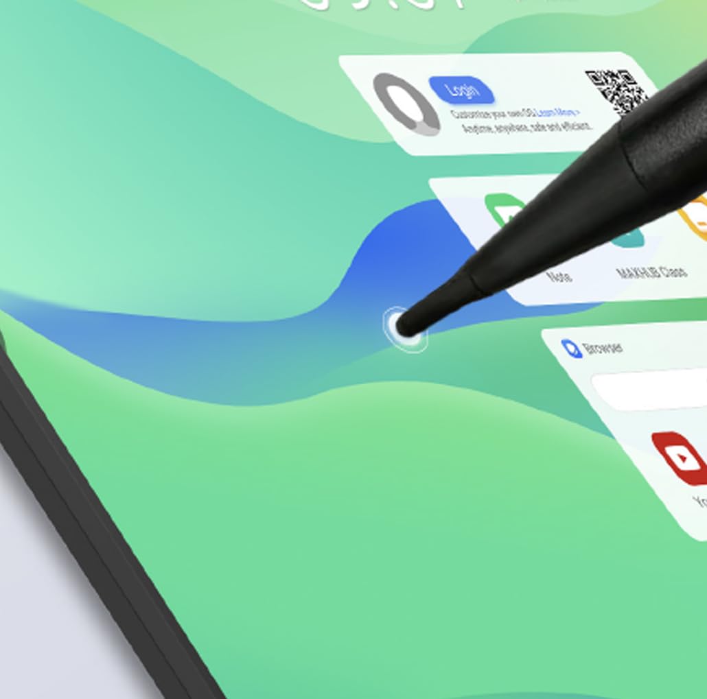 Close-up of a stylus pen interacting with the MAXHUB E21 Series Digital Board screen.