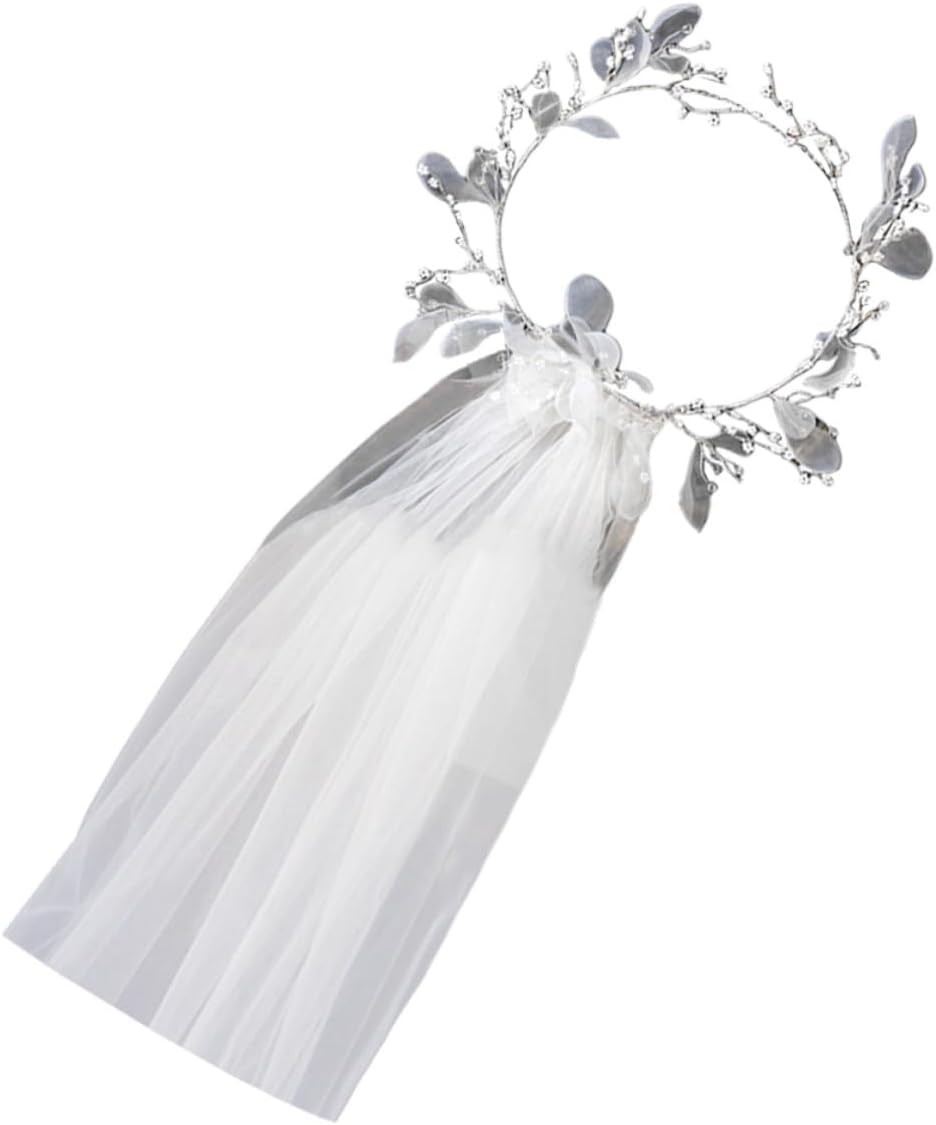 Bridal Wreath Veil White 60-80cm Elegant Wedding Veil with Beads Photo Prop Dress Accessory for Wedding Ceremony