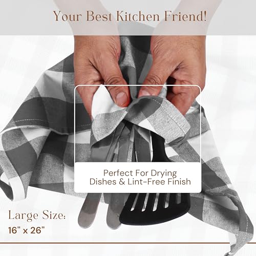 Image of Gray Buffalo Plaid Checked Dish Towels 12 Pack, 100% Cotton, 16x26 Inches, Super Absorbent, Quick Drying, Soft, Lint-Free, Durable Tea & Bar Towels with Hanging Loop, Grey and White