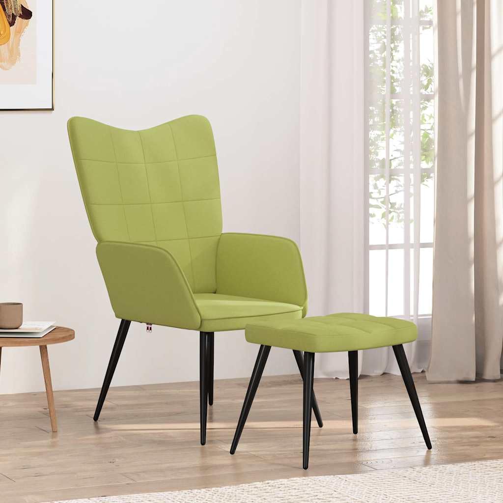 Fotel relaksacyjny z taboretem, zielony, tapicerka, fotel wypoczynkowy z podłokietnikami, oparciem, ergonomiczny, do salonu, sypialni, biura, relaksująca pozycja siedząca i komfortowy relaks
