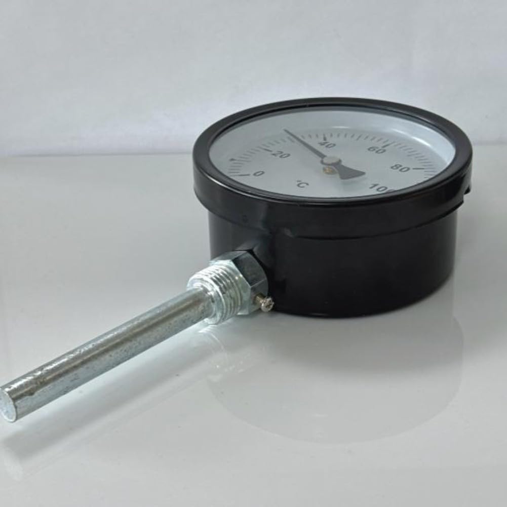Termometro bimetallico 0-120°C con manicotto da 1/2" per immersione, 100 mm, in acciaio inox, per caldaia, riscaldamento, griglia, barbecue