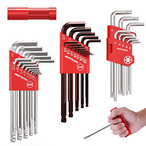 Juego de llaves Allen, Meterk 35pcs Juego de llaves Hexagonales con 13 Pulgada/Métrica Extremo de Bola de Brazo Largo, 9 Estrella Llaves Hexagonal Torx, Mango en T, Acero S2