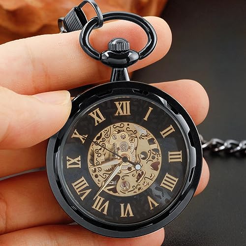 Unique Black Uncovered Open Design Mechanical Pocket Watch Case for Men, Men's Mechanical Roman Numerals Pocket Watch with Chain and Gift Box-Black, MW167, Retro