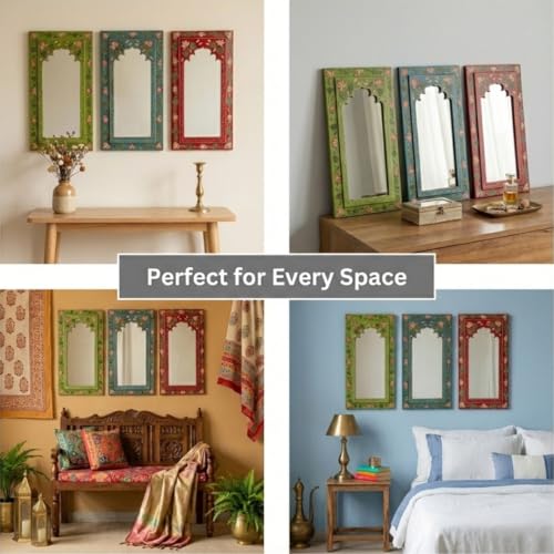 Image of Multicolour Handpainted Wooden Mirror (Set of 3) | Handcrafted Arch Design with Floral Motifs | Rajasthani Jharokha Style Mirror | Framed Wall Hanging for Home, Bedroom | 18x9.5 Inch