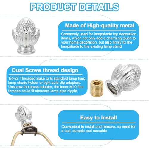 Image of PATIKIL 36 x 26mm Lamp Finials Caps Knob, 2 Set Solid Lamp Shade Top Decoration Screw Cap Nuts with Brass Reducing Adapter for Table Lamps Floor Lamps, Silver Tone