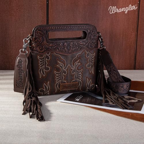 Wrangler Crossbody Bags for Women Western Fringe Top Handle Handbags Embroidered Boot Scroll Crossbody Bag3