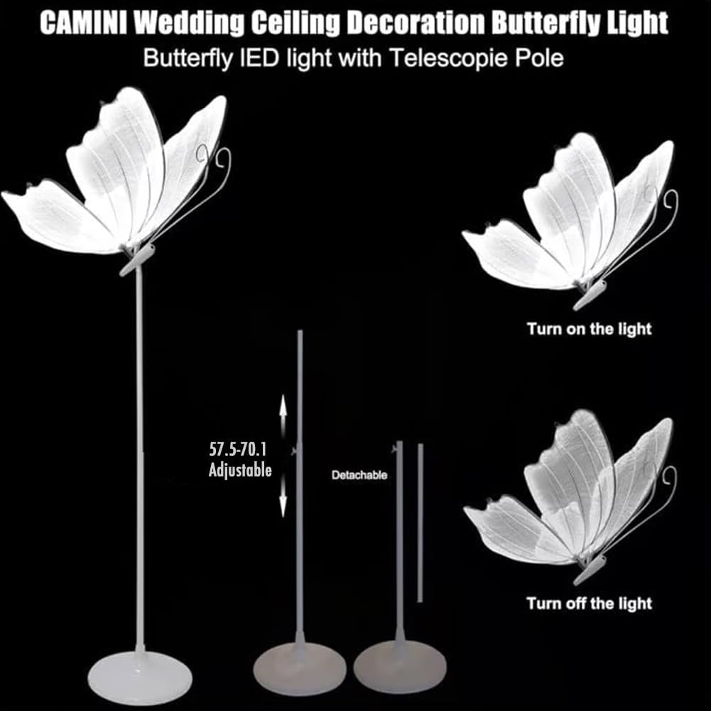 DYRABREST 2-Pack Butterfly Wedding Aisle Lights Romantic Butterfly LED Decoration Lights, Adjustable Height 57.5-70.1in LED Decor with Dual Mounting for Indoor Weddings (White, White Light)