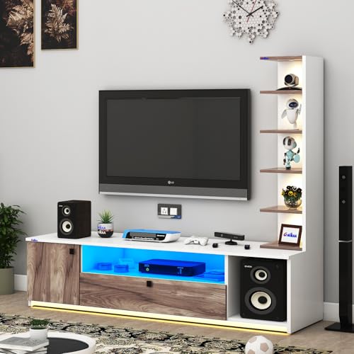 Image of Anikaa Engineered Wood Floor Standing Modern TV Unit with LED Light for Living Room | 2-Door & Open Box Cabinet with Side Shelf | Ideal for Up to 55 Inch | (White /Coachwood) DIY Installation