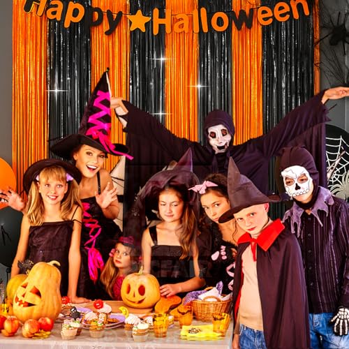 Image of 4 Packs Halloween Foil Fringe Curtain, Orange and Black Metallic Tinsel Backdrop for Birthday, Baby Shower, Bachelorette, Halloween Party Decorations Favors Supplies Indoor Outdoor