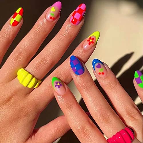 Almond Press on Nails Short Colored French Tip Fake Nails Acrylic glue on Nails with Design Flowers Chessboard Glossy False Nails for Women and Nails (With 2 Styles Nail Glue)