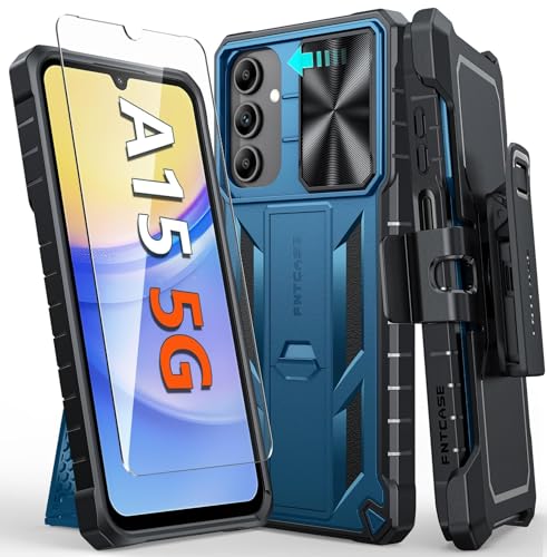 FNTCASE for Samsung Galaxy A15-5G Case: Rugged Protective Phone Cases with Kickstand & Holster | Military Grade Shockproof Protection Sturdy Heavy Duty Drop Proof Hard Covers 6.5 inch Blue