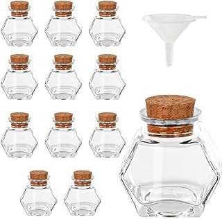 BELLE VOUS 12 Pack of Glass Hexagon-Shaped Jars with Cork Stopper Lids - 45-50ml/1.5-1.7oz - Mini Mason Airtight Storage Bottles & Funnel for Wedding Favours, Parties, Kitchen Spices and Jam