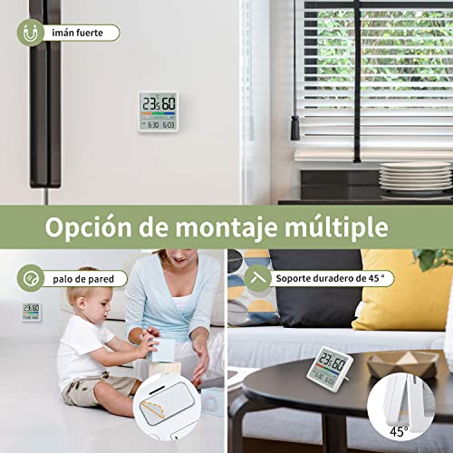 Termómetro digital NOKLEAD mostrando diferentes opciones de montaje en pared, magnetismo y soporte