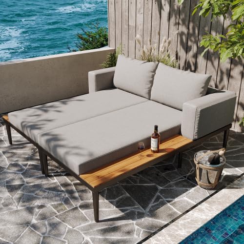 Merax Sonnenbett Outdoor Multifunktionales Daybed für 2 Personen Polyrattan Sonnenliege mit abnehmbarem Kissen Gartenliege mit Holzseitenteilen ideal für Terrasse Balkon und Garten