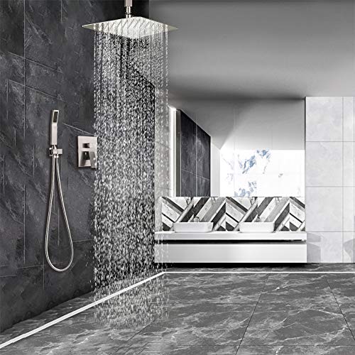 STARBATH SS01FCN 12 Inch Ceiling Mounted Shower System with Rain ShowerHead and Handheld Shower Head, Shower Faucet Rough-in Mixer Valve and Trim Included Shower Combo Set, Brushed Nickle