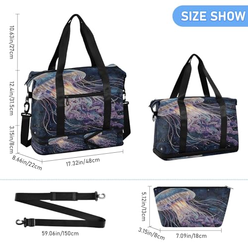 Jellyfish Black Duffel Bag for Women Men Gym Bag with Shoe Compartment Wet Pocket Carry On Weekender Overnight Bags for Airline Travel Under Seat3