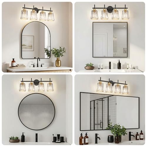 Image of Crystal Bathroom Light Fixtures Over Mirror, Black Gold 4-Light Bathroom Vanity Lights Over Mirror Modern Wall Lighting Sconces with Ceramic E26 Base (Bulbs Not Include)