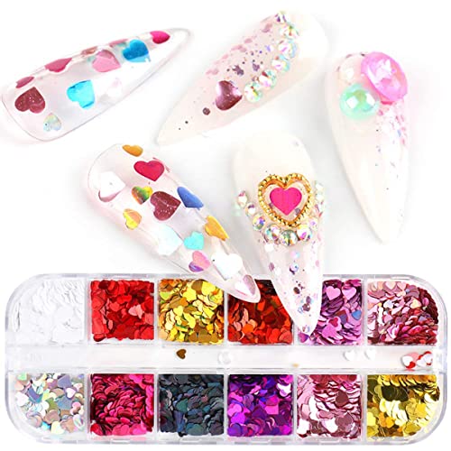 12 Grids 3D Heart Nail Glitter Sequins Valentines Day Nail Art Stickers Love Nail Decals Heart Nail Art Glitter Flakes Sparkle Valentines Glitter Designs For Acrylic Nails Decorations Charms #TOP6