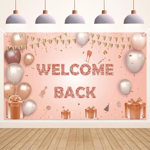 Koliphy Decoracion Welcome Back, Pancarta Welcome Back, Bandera Bienvenida para Celebracion Familiar, Aula, Temporada Escolar, Decoración de Puerta de Fiesta Familiar, 180 x 110cm(Oro Rosa)