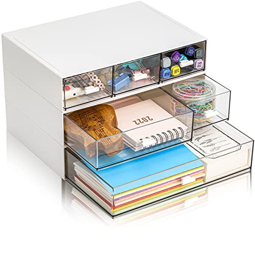 Lyellfe 3 Tier Small Desk Organizer with Drawer, Stackable Desktop Storage Box, Portable Size Office Supplies Jewelry Storage Case, Makeup and Stationary Organizer for Cosmetic, School Supply