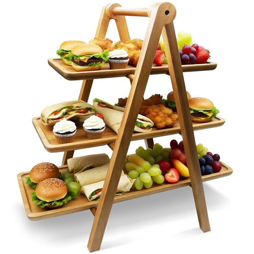 WARMKEY Acacia Wood 3 Tier Foldable Serving Tray – Rectangular Farmhouse Stand for Charcuterie Board, Cupcake, Dessert, Party Wedding Decor, Small Flower Pot Display, Easy Storage