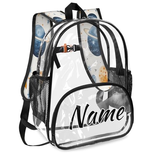 Outer Space Personalized Clear Small Backpack for Stadium Events Nebula Universe Planet Custom Transparent Backpacks with Name Heavy Duty PVC Plastic See Through Clear Bag for Concerts