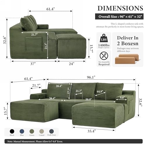 Image of 96 inch Sectional Couches for Living Room Cloud Couch Sofa with L-Shape Upholstered Boneless Couchs Modern Modular Sectional Couch with Chaise