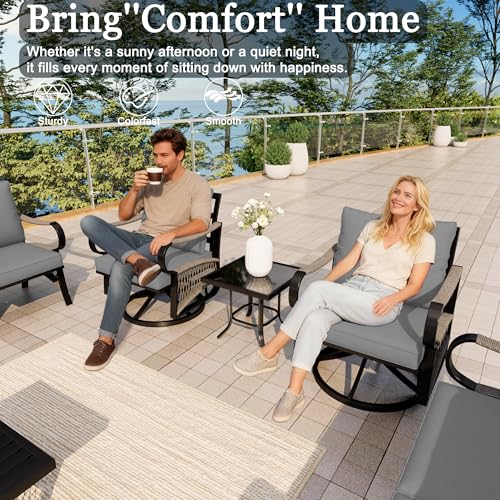 Image of 9 Pieces Patio Conversation Sets, All-Weather Metal Swivel Rocking Chairs with Rope Furniture Set, Outdoor Sofa Couch for Deck, Porch, Garden, Backyard, Poolside (Gray Cushions)