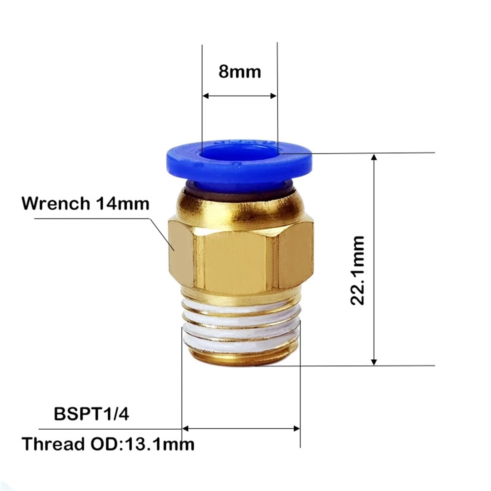 10 conectores neumáticos PC8-02 for tubo de 8 mm con rosca macho de 1/4".