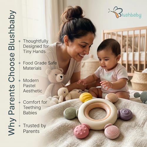 Image of Blushbaby Silicone & Wooden Baby Teether for 3+ Months Babies | BPA Free Soft Chew Teething Ring for Infants & Newborns | Safe Sensory Teether for Gum Relief | Round Shape | Beige