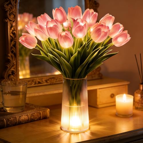 Lumoza Radiant Romantic Tulip Light with a Vase 15 PCS Twinkling Tree Tulips Led Night Light that Never Fade 2026 New Flower Shaped Ambient Night Lamp for Bedroom Bedside Decor & Gift (Pink)